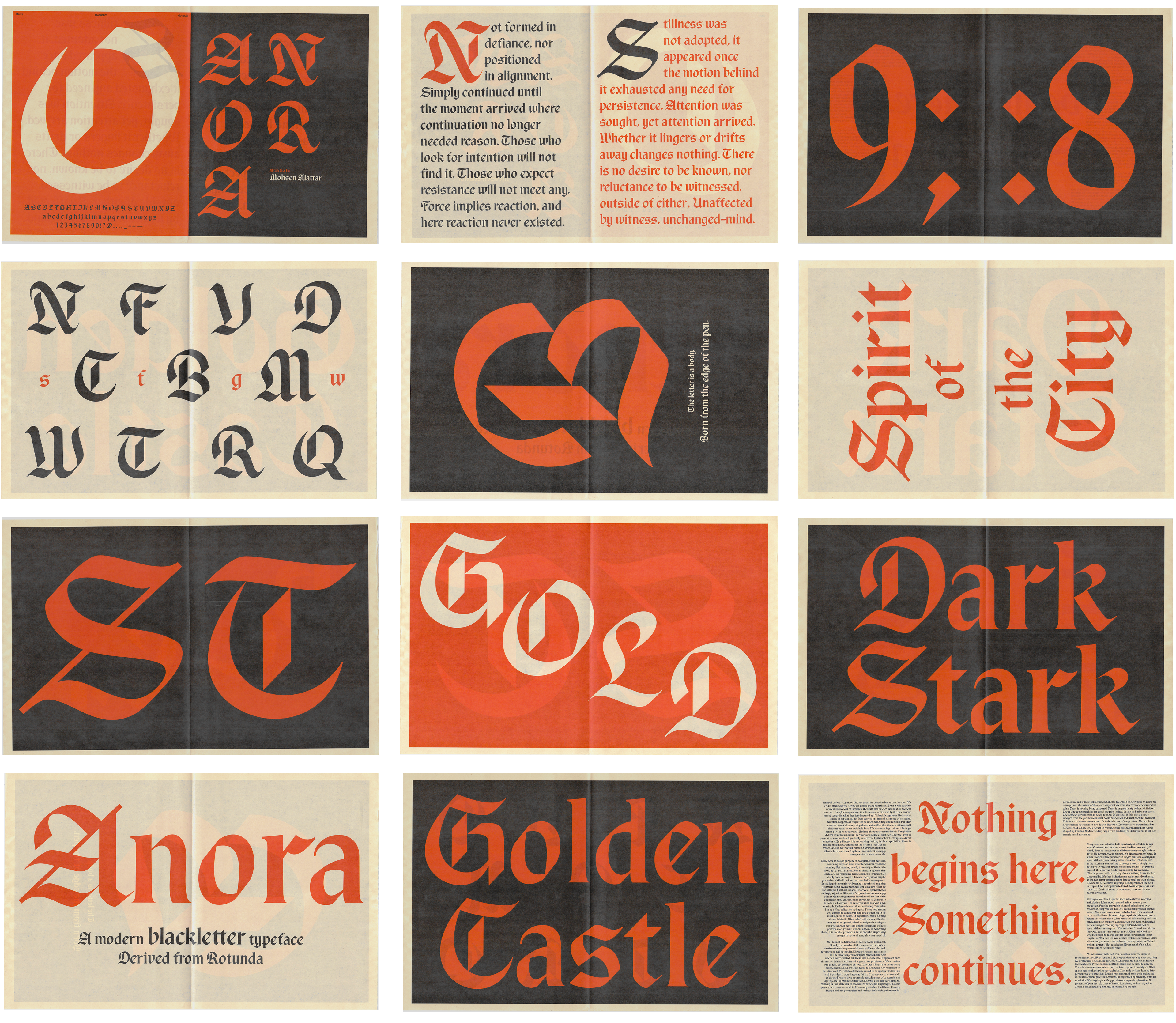 Anora newspaper-format specimen book spreads