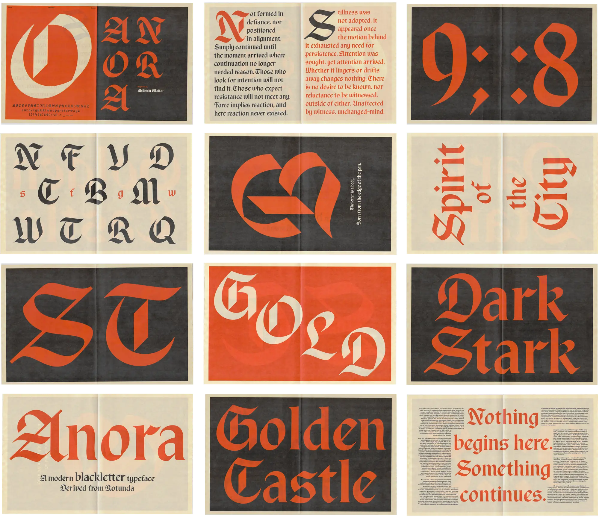 Anora newspaper-format specimen book spreads