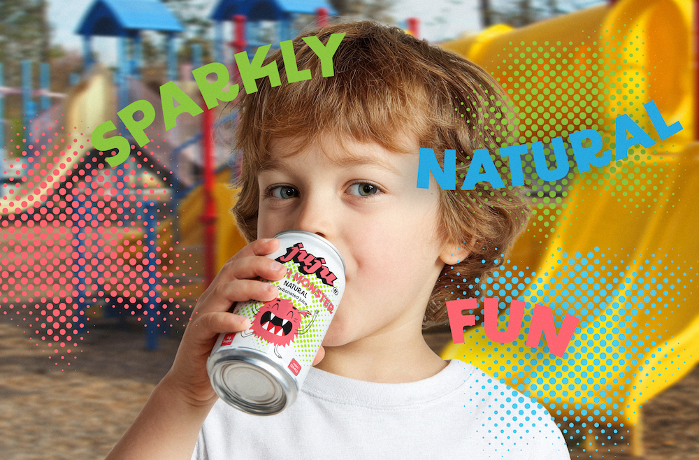 Juju mini poster with child drinking peach soda