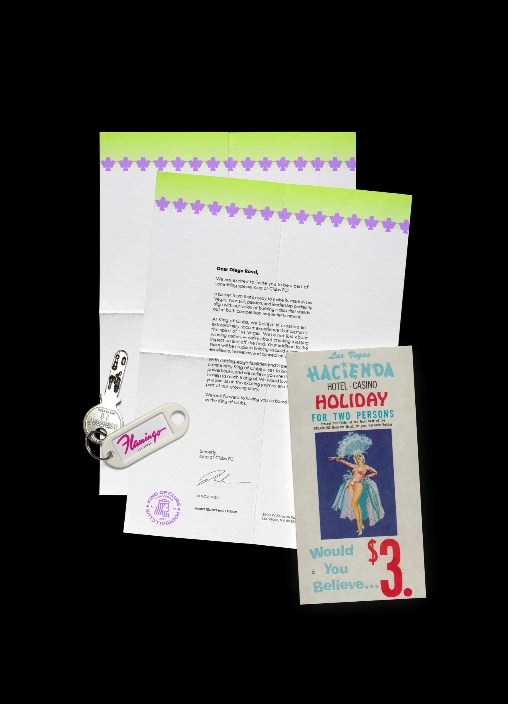 King of Clubs letterhead and keychain stationery mockup