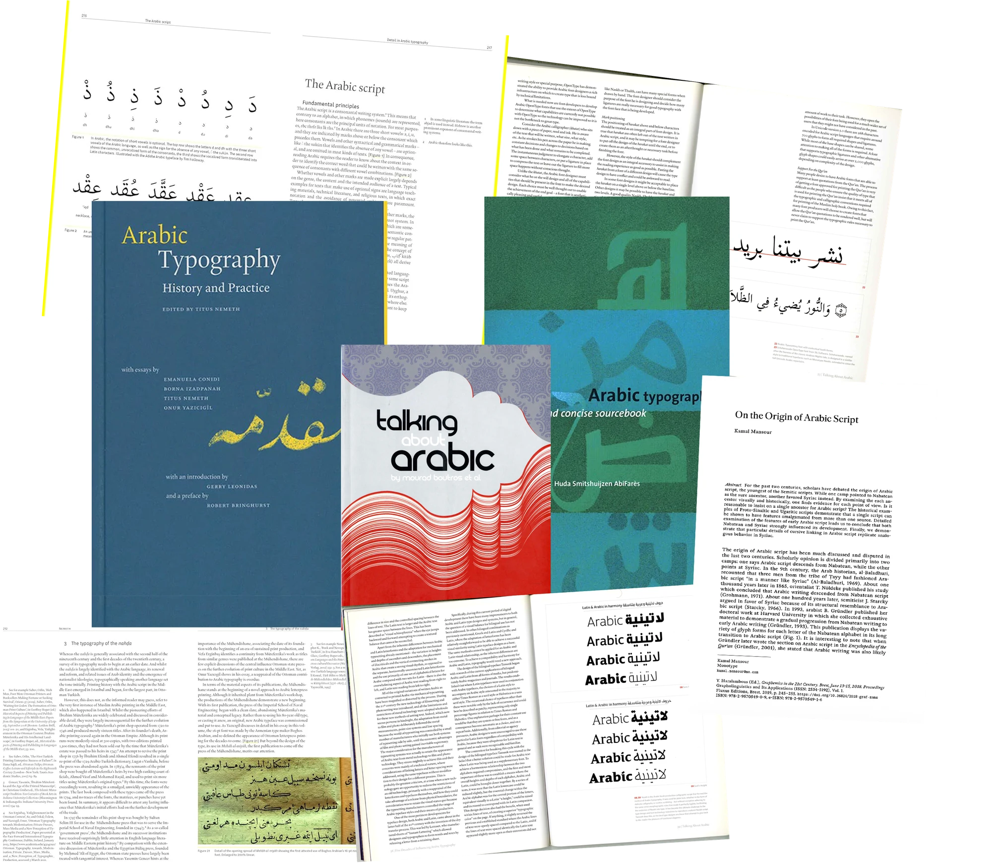 Scattered stack of Arabic typography research books and papers